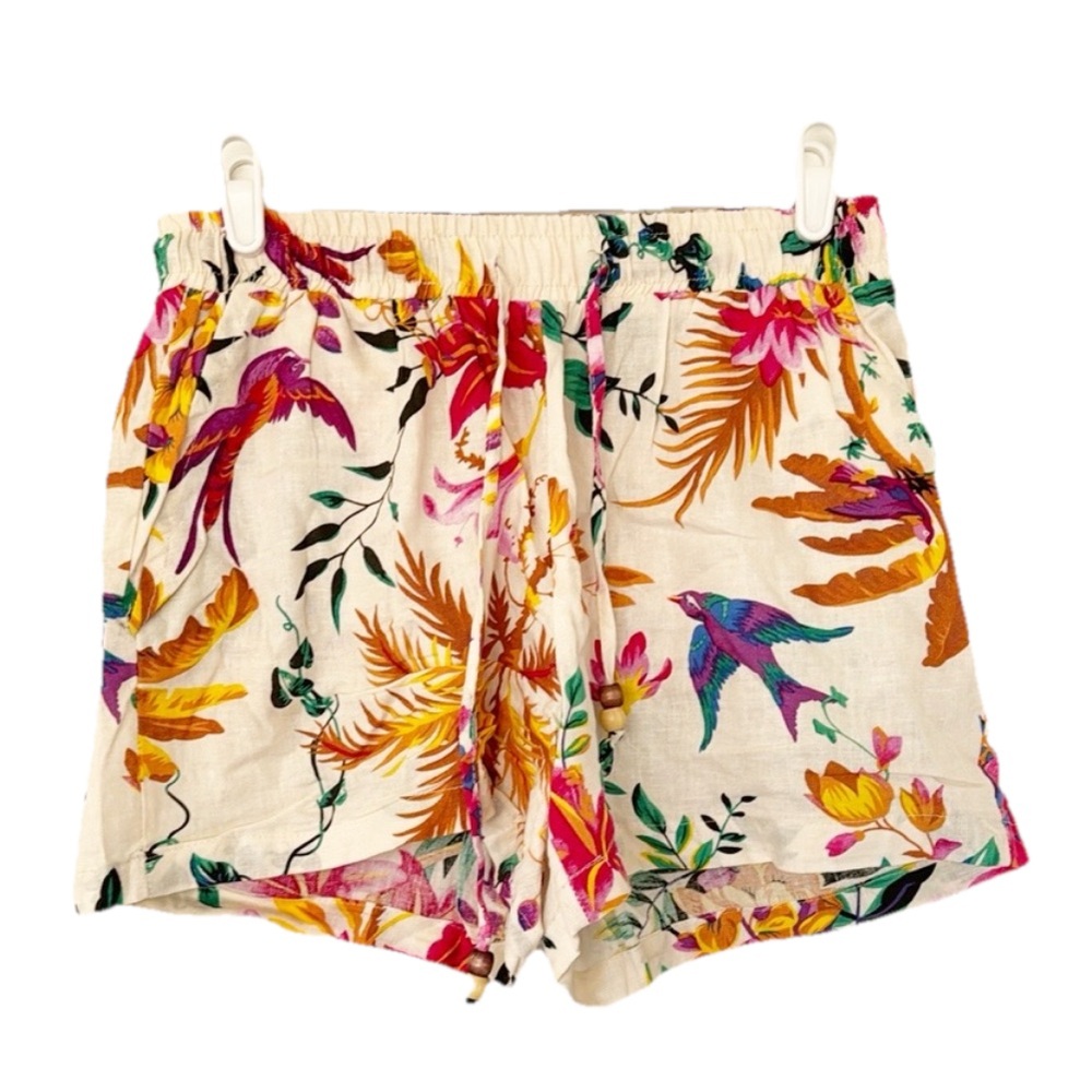 RACHEL ROY shorts size S ivory green pink linen blend elastic waist pockets